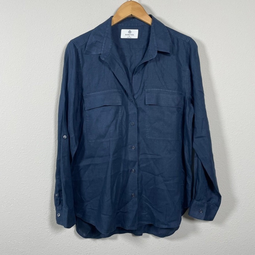 Babaton‎ Linen Shirt Womens M Navy Blue Coastal Minimalist Roll Tab Utility